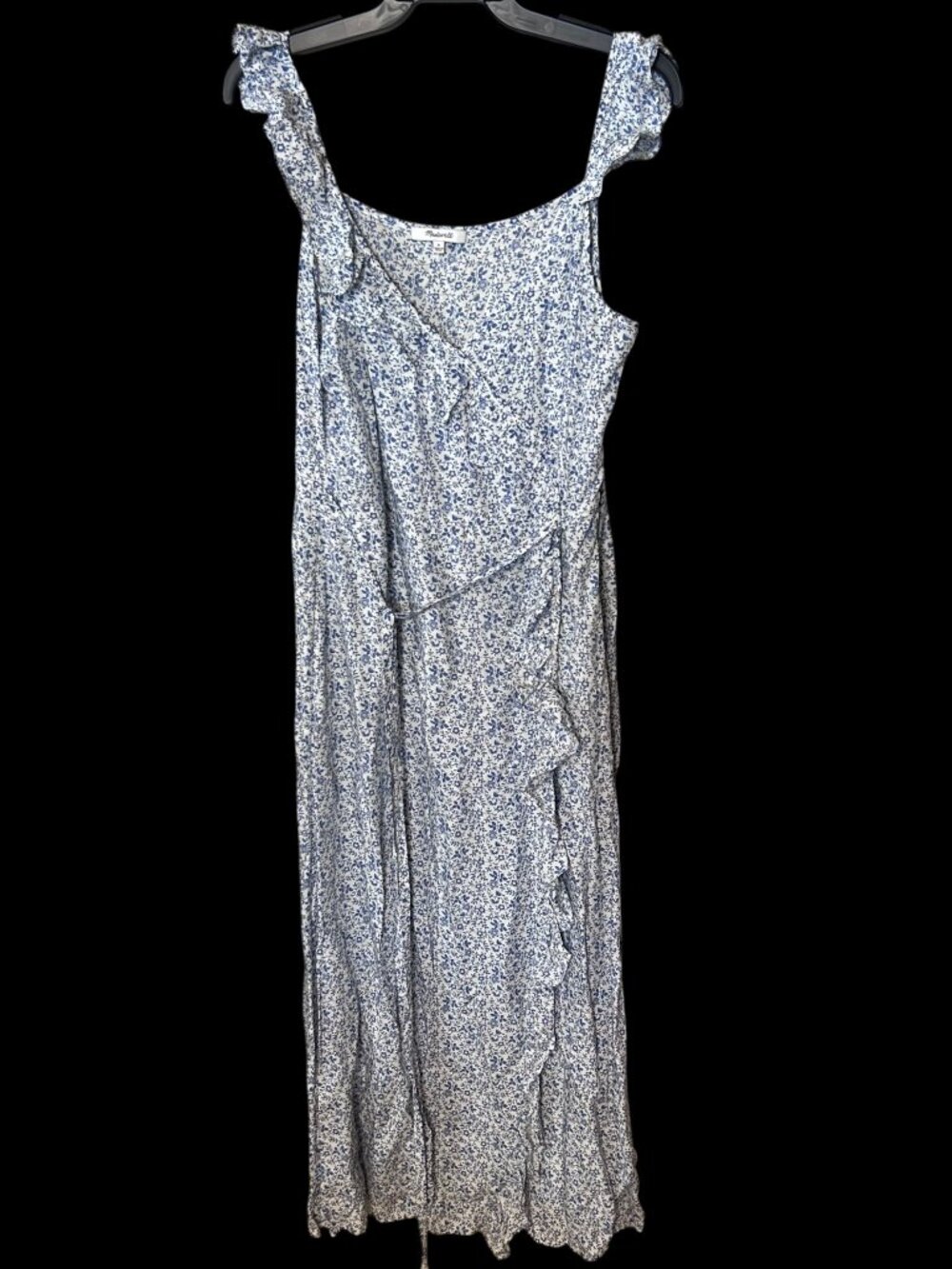 Madewell Blue White Ditsy Floral Ruffle Belted Maxi Dress Size S